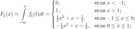 $$F_\xi (x) = \int\limits_{-\infty}^x f_\xi (t) dt = \begin{cases}
0,&\text{если $x<-1$;}\\
1,&\text{если $x>1$;}\\
\frac12 x^2 + x + \frac12,&\text{если $-1\leq x \leq 0$;}\\
-\frac12 x^2 + x + \frac12,&\text{если $0\leq x \leq 1$;}\\
\end{cases}
$$