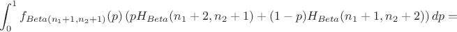 $$
   \int_0^1  f_{Beta(n_1+1,n_2+1)}(p) 
                  \left(pH_{Beta}(n_1+2,n_2+1) + 
                        (1-p)H_{Beta}(n_1+1, n_2 +2)
                  \right)dp =
$$