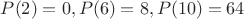 $P(2)=0, P(6)=8, P(10)=64$