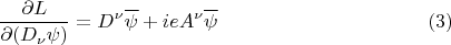 $$ \frac{\partial L}{\partial (D_{\nu} \psi)}=D^{\nu} \overline{\psi}+i e A^{\nu} \overline{\psi}     \eqno{(3)}$$