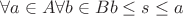 $\forall a \in A \forall b \in B b \leq s \leq a$