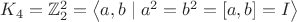 $K_4=\mathbb{Z}_2^2=\left\langle a,b\;|\;a^2=b^2=\left[a,b\right]=I\right\rangle$