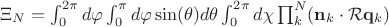 $\Xi_N = \int_0^{2\pi} d\varphi \int_0^{\pi} d\varphi \sin(\theta)d\theta \int_0^{2\pi} d\chi \prod_{k}^{N} (\mathbf{n}_k \cdot \mathcal{R}\mathbf{q}_k)$