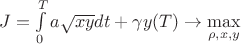 $
J=\int\limits_{0}^{T} a\sqrt{xy}dt + \gamma y(T) \to \max\limits_{\rho,x,y}
$