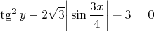 $$\tg^2 y - 2 \sqrt3 \bigg| \sin \dfrac{3x}{4} \bigg| + 3 = 0$$