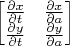 $$\begin{bmatrix}
\frac{\partial x}{\partial t} & \frac{\partial x}{\partial a} \\ 
\frac{\partial y}{\partial t} & \frac{\partial y}{\partial a} \end{bmatrix}$$