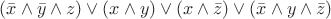 $(\bar x\wedge\bar y\wedge z) \vee (x \wedge y) \vee (x \wedge \bar z) \vee (\bar x\wedge y\wedge \bar z)$