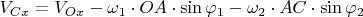 $V_{Cx}=V_{Ox}-\omega_{1}\cdot OA  \cdot \sin \varphi_{1}-\omega_{2}\cdot AC \cdot \sin \varphi_{2}$