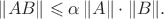 $\Vert AB\Vert\leqslant\alpha\,\Vert A\Vert\cdot\Vert B\Vert.$