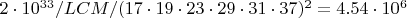 $2\cdot10^{33}/LCM/(17\cdot19\cdot23\cdot29\cdot31\cdot37)^2=4.54\cdot10^6$