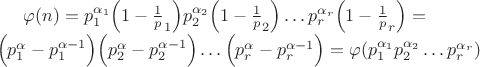 $\varphi(n) = p_1^{\alpha_1}\Big(1-\frac 1 p_1\Big)p_2^{\alpha_2}\Big(1-\frac 1 p_2\Big)\dots p_r^{\alpha_r}\Big(1-\frac 1 p_r\Big) = \\
 \Big(p_1^\alpha - p_1^{\alpha - 1}\Big)\Big(p_2^\alpha - p_2^{\alpha - 1}\Big)\dots\Big(p_r^\alpha - p_r^{\alpha - 1}\Big) = \varphi(p_1^{\alpha_1}p_2^{\alpha_2}\dots p_r^{\alpha_r})$