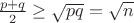 $\frac{p+q}2\ge\sqrt{pq}=\sqrt{n}$