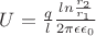 $U=\frac ql \frac{ln\frac{r_2}{r_1}}{2\pi\epsilon{\epsilon}_0}$