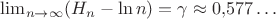 $\lim_{n\to\infty} (H_n-\ln n)=\gamma\approx 0{,}577\ldots$