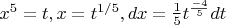 $x^5=t, x=t^{1/5}, dx=\frac15t^{\frac{-4}5}dt$