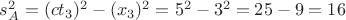 $s^2_A = (ct_3)^2 - (x_3)^2 = 5^2 - 3^2 = 25 - 9 = 16$