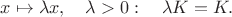 $$x\mapsto \lambda x,\quad \lambda>0:\quad \lambda K=K.$$