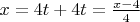 $x=4t+4 & t=\frac{x-4}{4}$