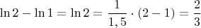 $\ln 2-\ln 1=\ln 2 =\dfrac{1}{1,5}\cdot (2-1)=\dfrac{2}{3}$