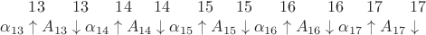 $\ \;\;\;\;\;13\;\;\;\;\;\;13\;\;\;\;\;\;14\;\;\;\;\;14\;\;\;\;\;\;15\;\;\;\;\;15\;\;\;\;\;\;16\;\;\;\;\;\;\;16\;\;\;\;\;17\;\;\;\;\;\;17$
$\alpha_{13} \uparrow A_{13} \downarrow \alpha_{14} \uparrow A_{14} \downarrow \alpha_{15} \uparrow A_{15} \downarrow \alpha_{16} \uparrow A_{16} \downarrow \alpha_{17} \uparrow A_{17} \downarrow $ $\ \;\;\;\;\;13\;\;\;\;\;\;13\;\;\;\;\;\;14\;\;\;\;\;14\;\;\;\;\;\;15\;\;\;\;\;15\;\;\;\;\;\;16\;\;\;\;\;\;\;16\;\;\;\;\;17\;\;\;\;\;\;17$
$\alpha_{13} \uparrow A_{13} \downarrow \alpha_{14} \uparrow A_{14} \downarrow \alpha_{15} \uparrow A_{15} \downarrow \alpha_{16} \uparrow A_{16} \downarrow \alpha_{17} \uparrow A_{17} \downarrow $