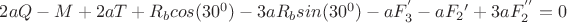 $2aQ-M+2aT+R_{b}cos(30^0)-3aR_{b}sin(30^0)-aF_3^{'}-aF_2{'}+3aF_2^{''}=0$