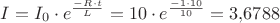 $I=I_0 \cdot e^\frac{-R\cdot t}{L}=10 \cdot e^\frac{-1\cdot 10}{10}=3{,}6788$