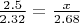$\frac {2.5} {2.32} = \frac {x} {2.68}$