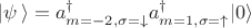 $|\psi \, \rangle = a^{\dagger}_{m = -2 ,\sigma = \downarrow} a^{\dagger}_{m = 1 ,\sigma = \uparrow} |0 \rangle$