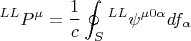 $$ {}^{LL} P^{\mu}=\frac{1}{c} \oint_{S} {}^{LL} \psi^{\mu 0 \alpha} df_{\alpha} $$