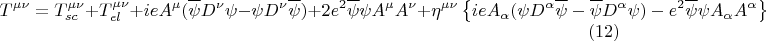 $$ T^{\mu \nu}=T^{\mu \nu}_{sc}+T^{\mu \nu}_{el} + i e A^{\mu} ( \overline{\psi} D^{\nu} \psi - \psi D^{\nu} \overline{\psi} ) +2 e^2 \overline{\psi} \psi A^{\mu} A^{\nu} + \eta^{\mu \nu} \left \{ i e A_{\alpha} (\psi D^{\alpha} \overline{\psi} -  \overline{\psi} D^{\alpha} \psi) - e^2 \overline{\psi} \psi A_{\alpha} A^{\alpha} \right \}     \eqno{(12)}$$