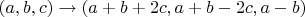 $(a,b,c) \to (a+b+2c,a+b-2c,a-b)$