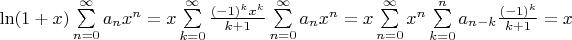 $\ln (1+x)\sum \limits_{n=0}^{\infty}a_nx^n = x\sum \limits_{k=0}^{\infty}\frac {(-1)^{k}x^k}{k+1} \sum \limits_{n=0}^{\infty}a_nx^n=x\sum \limits_{n=0}^{\infty}x^n\sum \limits_{k=0}^{n}a_{n-k}\frac {(-1)^{k}}{k+1}=x$