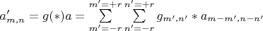 $a'_{m,n}=g(*)a=\sum\limits_{m'=-r}^{m'=+r}\sum\limits_{n'=-r}^{n'=+r} g_{m',n'}*a_{m-m',n-n'}$