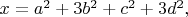 $x=a^2+3b^2+c^2+3d^2,$