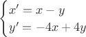 $\begin{cases}
x' = x-y \\
y'=-4x+4y\\
\end{cases}
$
