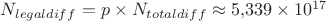 $N_{legaldiff} = p \times N_{totaldiff} \approx 5{,}339 \times 10^{17}$ $N_{legaldiff} = p \times N_{totaldiff} \approx 5{,}339 \times 10^{17}$