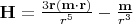 $\mathbf{H}=\frac{3\mathbf{r}(\mathbf{m}\cdot\mathbf{r})}{r^5}-\frac{\mathbf{m}}{r^3}$