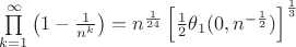 $\prod\limits_{k=1}^{\infty} \left(1-\frac{1}{n^k}\right)=n^{\frac{1}{24}}\left[\frac 1 2\theta_1(0,n^{-\frac 1 2})\right]^{\frac 1 3}$