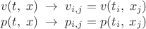 $$\begin{array}{c}v\lBig(t,\;x\rBig)\;\rightarrow\;v_{i,j}=v\lBig(t_i,\;x_j\rBig)\\p\lBig(t,\;x\rBig)\;\rightarrow\;p_{i,j}=p\lBig(t_i,\;x_j\rBig)\end{array}$$