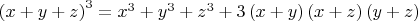 ${{\left( x+y+z \right)}^{3}}={{x}^{3}}+{{y}^{3}}+{{z}^{3}}+3\left( x+y \right)\left( x+z \right)\left( y+z \right)$