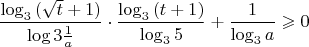 $$\dfrac{\log_{3}{(\sqrt{t}+1)}}{\log{3}{\frac{1}{a}}}\cdot \dfrac{\log_{3}{(t+1)}}{\log_{3}{5}}+\dfrac{1}{\log_{3}{a}}\geqslant0$$