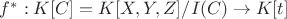 $f^{*}: K[C]=K[X,Y,Z]/I(C) \to K[t]$