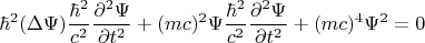 $$\hbar^2(\Delta\Psi)\dfrac{\hbar^2}{c^2}\dfrac{\partial^2\Psi}{\partial t^2}+(mc)^2\Psi\dfrac{\hbar^2}{c^2}\dfrac{\partial^2\Psi}{\partial t^2}+(mc)^4\Psi^2=0$$