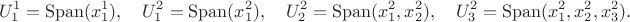 $$ U^1_1 = \operatorname{Span}(x^1_1), \quad U^2_1 = \operatorname{Span}(x^2_1), \quad U^2_2 = \operatorname{Span}(x^2_1, x^2_2), \quad U^2_3 = \operatorname{Span}(x^2_1, x^2_2, x^2_3). $$