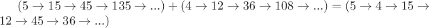 $(5\to 15 \to 45 \to 135 \to ...) + (4\to 12 \to 36 \to 108 \to ...) =(5\to 4 \to 15 \to 12 \to 45 \to 36 \to...)$