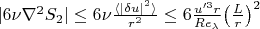 $|6\nu\nabla^2S_2|\leq6\nu\frac{\langle|\delta u|^2\rangle}{r^2}\leq6\frac{u'^3r}{Re_\lambda}\bigl(\frac{L}{r}\bigr)^2$