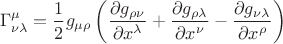 $$\Gamma^\mu_{\nu\lambda}=\dfrac{1}{2}g_{\mu\rho}\left(\dfrac{\partial g_{\rho\nu}}{\partial x^\lambda}+\dfrac{\partial g_{\rho\lambda}}{\partial x^\nu}-\dfrac{\partial g_{\nu\lambda}}{\partial x^\rho}\right)$$