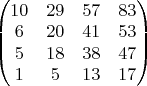 $\begin{pmatrix}
10& 29 & 57 & 83\\ 
6&  20 & 41 & 53\\ 
5& 18 & 38 & 47\\ 
1 & 5 & 13 & 17
\end{pmatrix}$