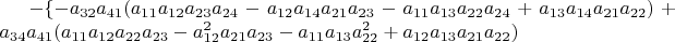 $-\{-a_{32}a_{41}(a_{11}a_{12}a_{23}a_{24}-a_{12}a_{14}a_{21}a_{23}-a_{11}a_{13}a_{22}a_{24}+a_{13}a_{14}a_{21}a_{22})+a_{34}a_{41}(a_{11}a_{12}a_{22}a_{23}-a_{12}^{2}a_{21}a_{23}-a_{11}a_{13}a_{22}^{2}+a_{12}a_{13}a_{21}a_{22})$