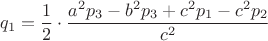 $$\[{q_1} = \frac{1}{2} \cdot \frac{{{a^2}{p_3} - {b^2}{p_3} + {c^2}{p_1} - {c^2}{p_2}}}{{{c^2}}}\]$$
